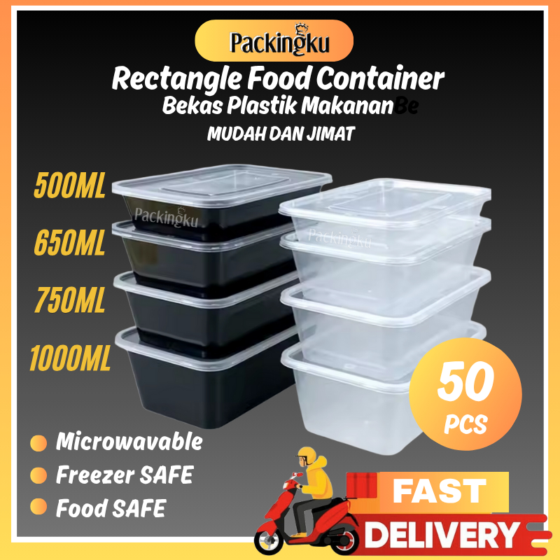 (500ml/650ml/750ml/1000ml/1250ml/1510ml) Packingku Bekas Plastik Makanan - Rectangular Food Container with Lid