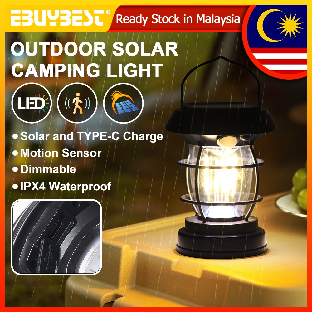 Retro Solar Camping Light Lantern Outdoor Portable LED Tent Lantern Light TYPE-C Rechargeable Emergency Lamp