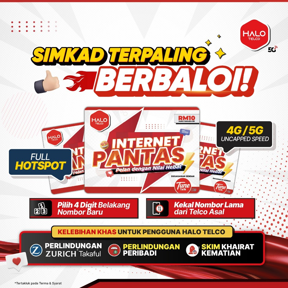 Halo Telco TuneTalk SIM – Unlimited Data, Calls & Speed, 4G/5G Celcom & DiGi Coverage