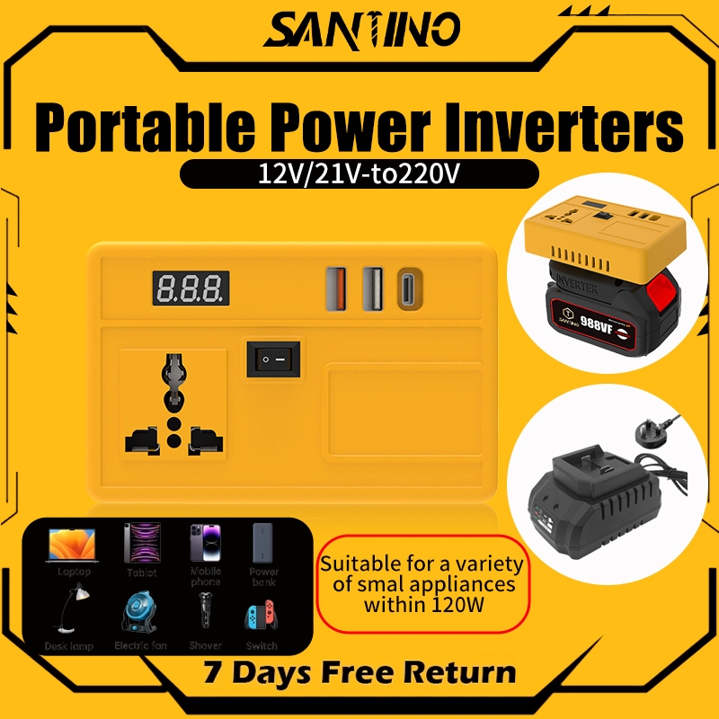 SANTINO Power Inverters for 21V Makita Battery Inverter 200W 20v to 220v Converter with Dual USB,AC Outlet and Type-C