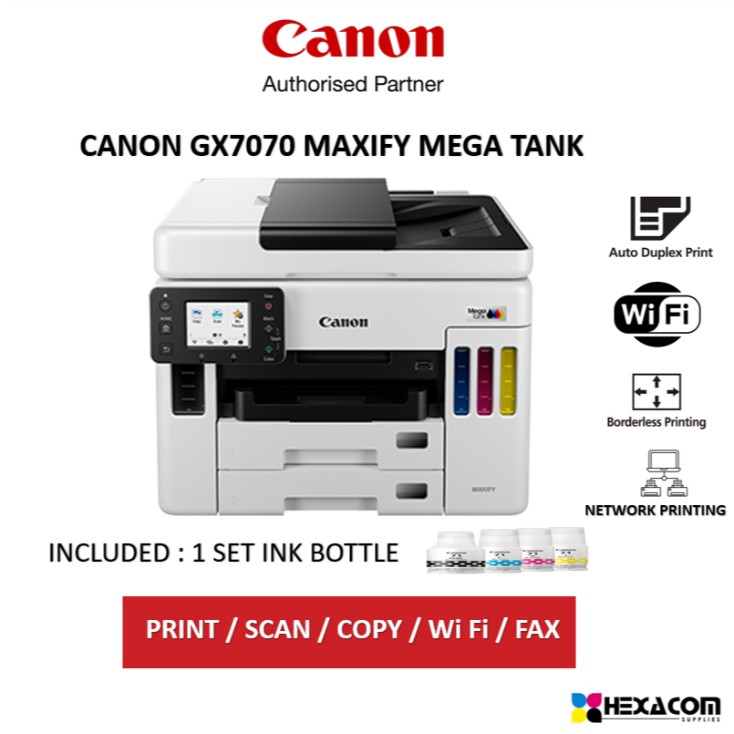 Canon Printer MAXIFY GX7070 - Print, Scan, Copy, Fax - Wireless, Wired LAN, Mopria, AirPrint, Direct Wireless - CISS