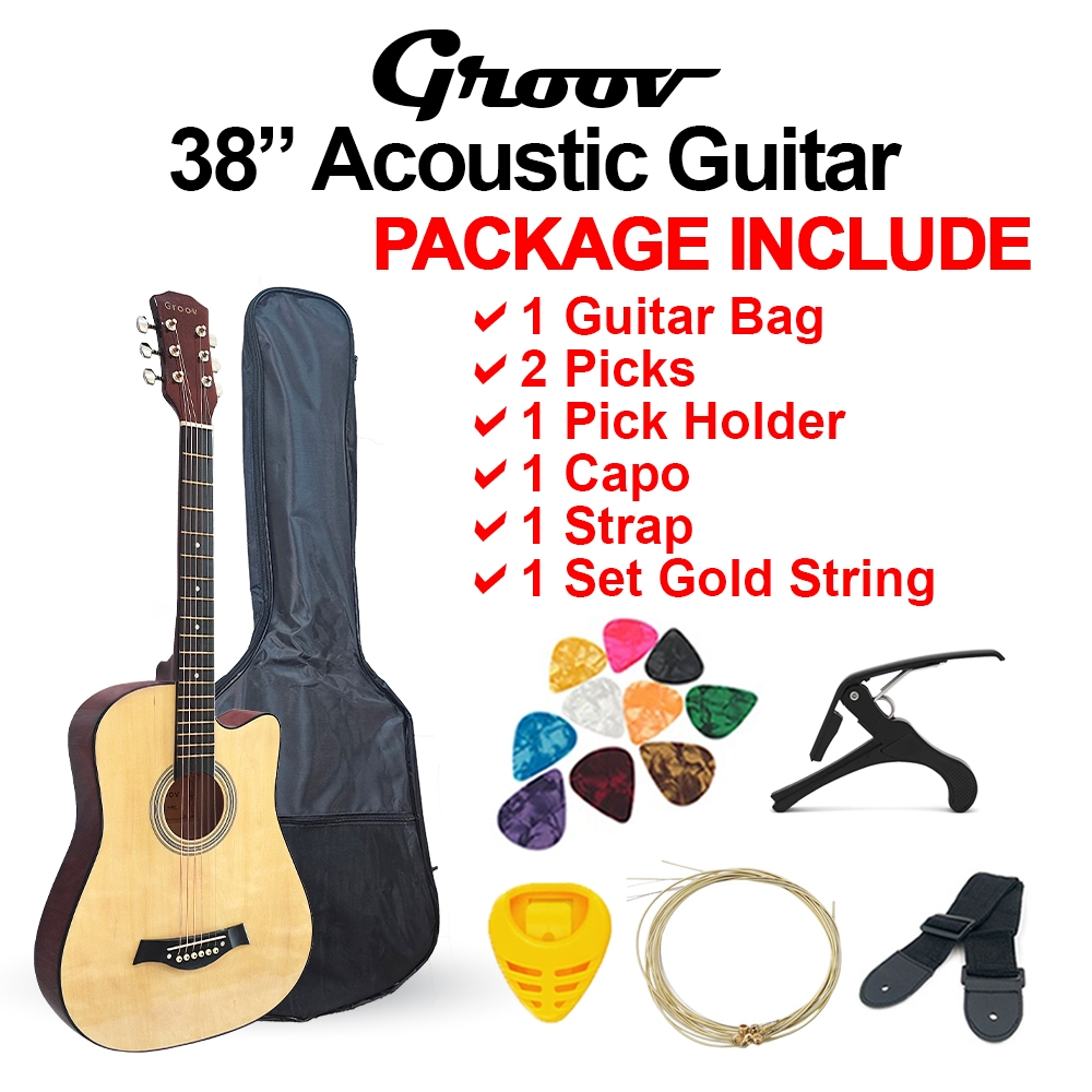 GROOV - 38 Inch Acoustic Guitar + Accessories Set | Bag Pick Holder Capo Strap | Gitar Akustik 吉他 配件