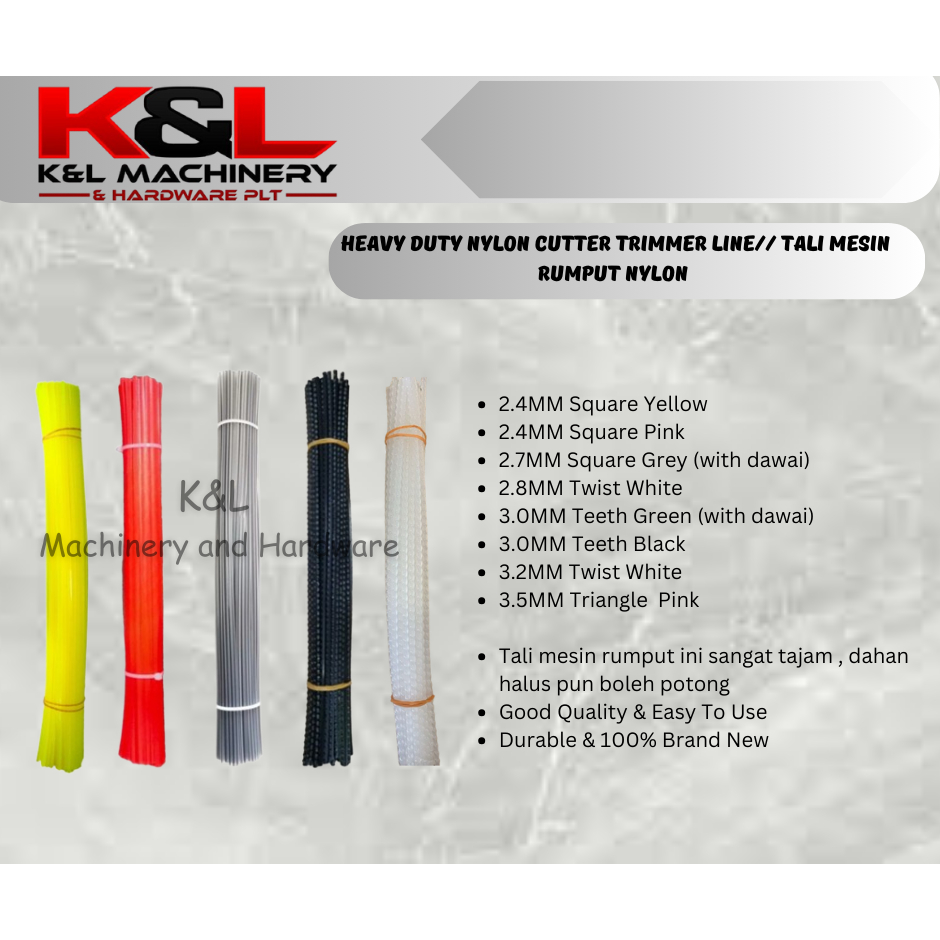 WHITE/YELLOW/BLACK/GREY/PINK GRASS CUTTER NYLON TRIMMER LINE 2.4/2.7/2.8/3.0/3.2/3.5MM TALI MESIN POTONG RUMPUT