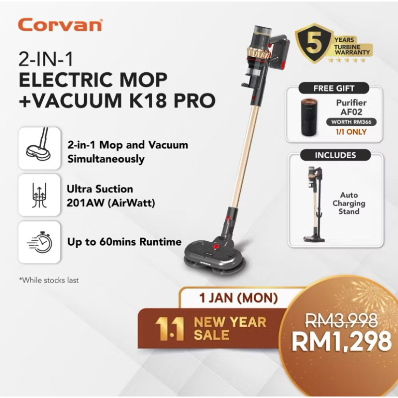 Corvan 2 in 1 Cordless Vacuum & Mop K18 Pro