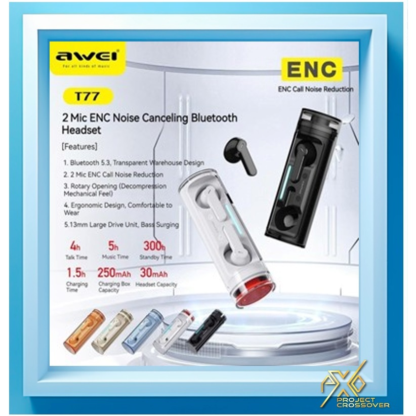 Awei T77 ENC TWS Earbuds with Charging Case Double Mic Call Noise Reduction Wireless Earbuds