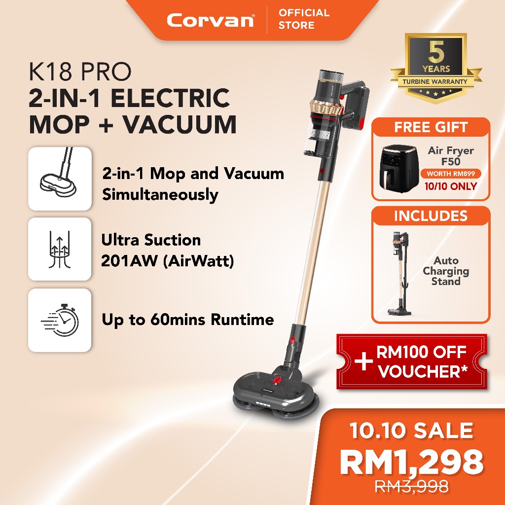 Corvan K18/K18Pro 2-in-1: Cordless Vacuum & Mop | Ultra-cyclone Technology | Wet & Dry Cleaning | 5 Years Motor Warranty