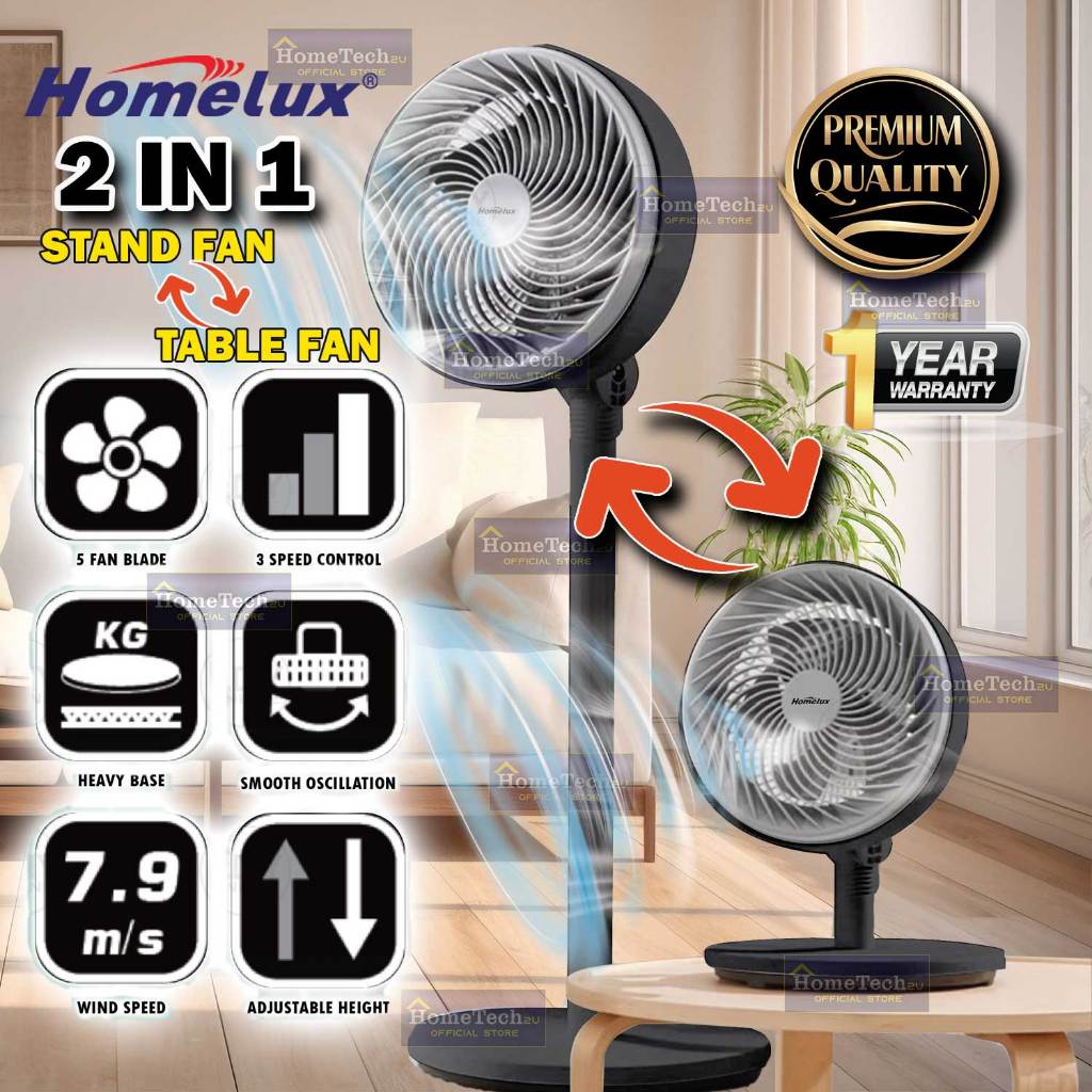 Homelux Powerful 2 In 1 Stand Fan 8'' Circulation Adjustable Stand Fan Table Fan Small Fan HSF-108PW