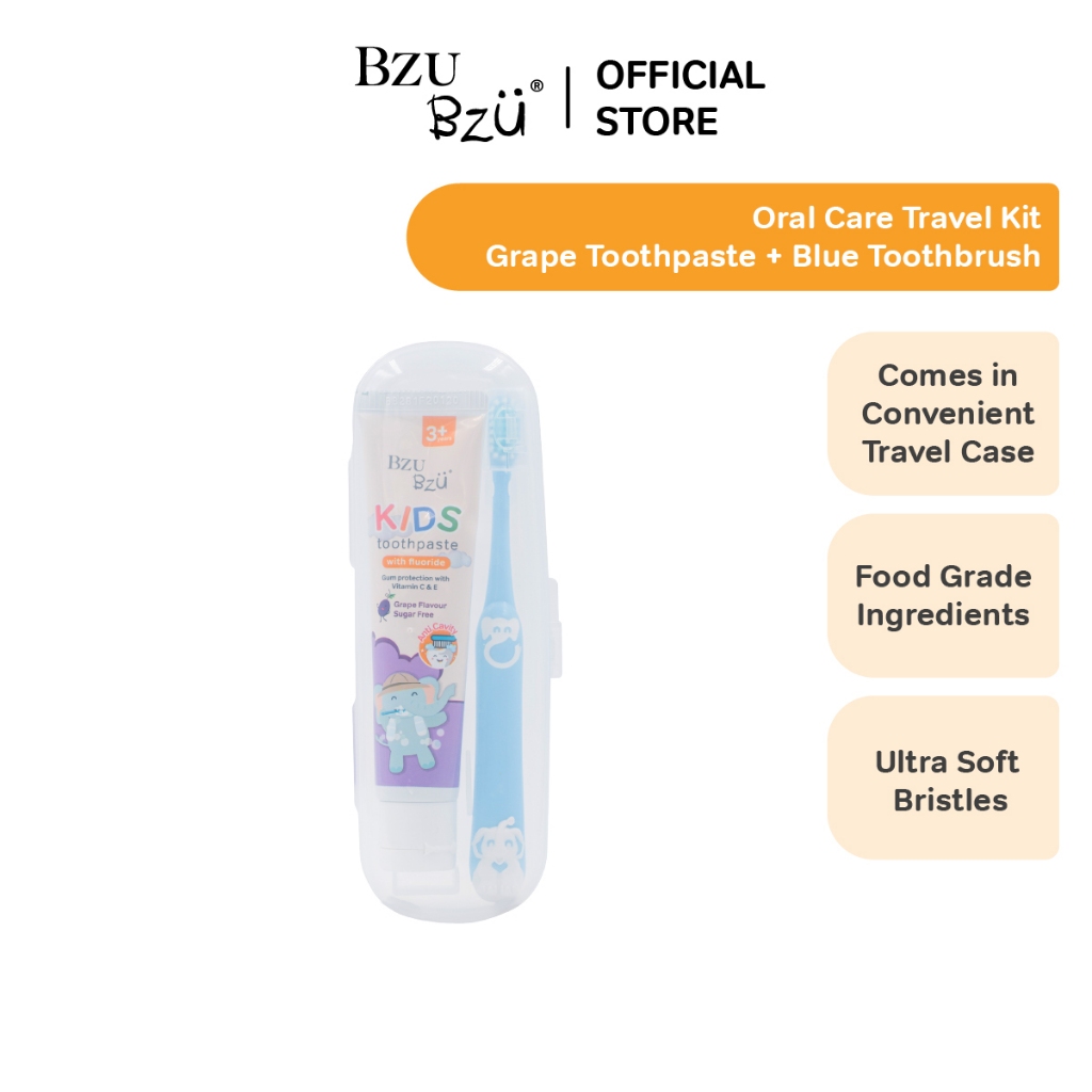 BZU BZU Oral Care Travel Kit - Blue Colour Toothbrush with a Travel Protective Cap and Grape Flavour Toothpaste