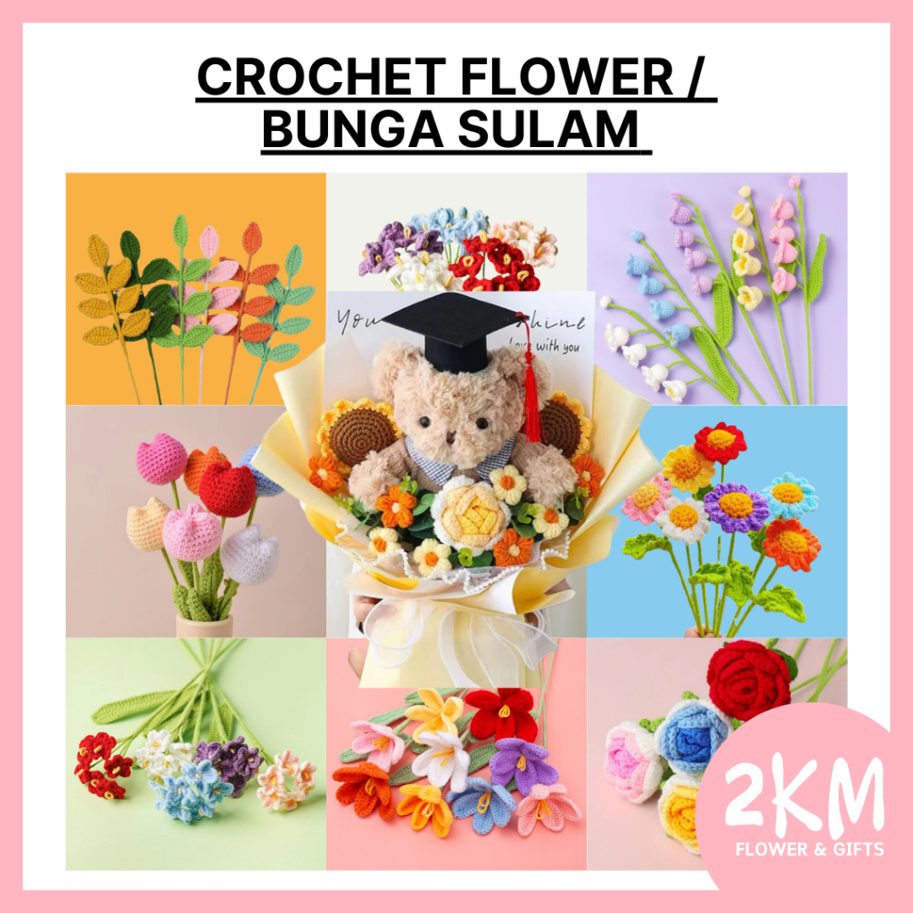 (1PC) CROCHET SULAM Flower Bunga Sulam Wool Hand Knitted Finished Preserved Bouquet Fresh Mother Day Valentine Teacher