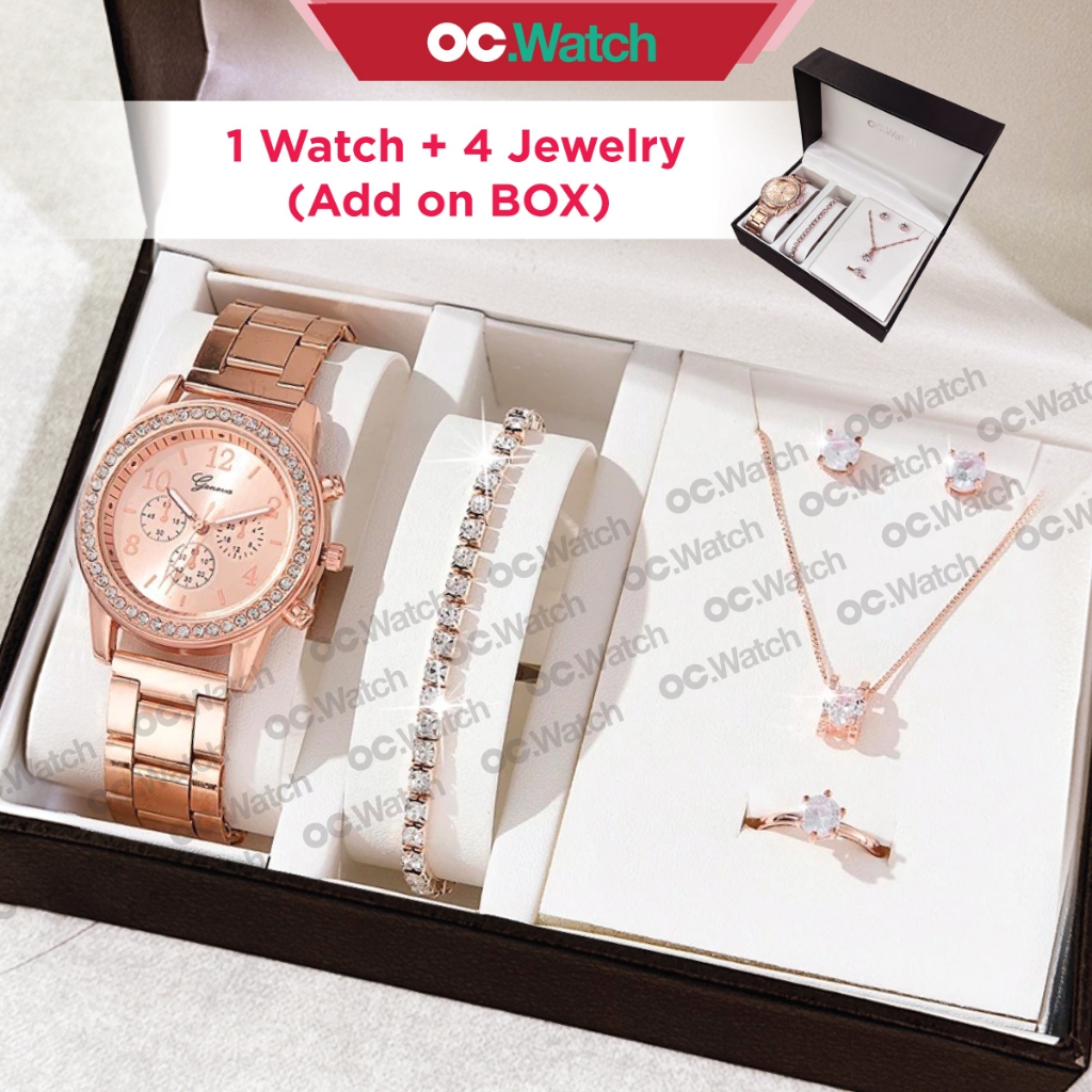 OCwatch Jam Tangan Wanita Perempuan Diamond Berlian Set Fashion Luxury Ladies Watch Bracelet Small Girl Necklace Steel