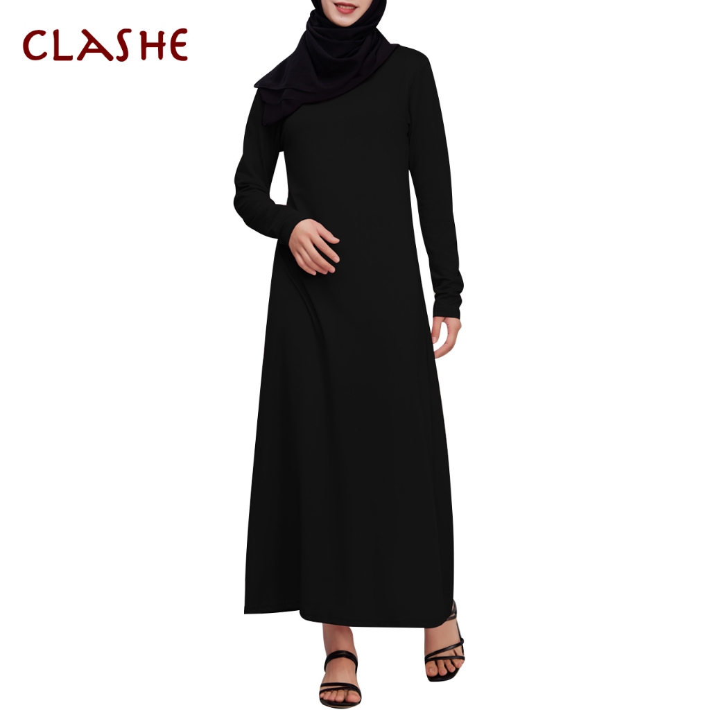 Women Fit Solid Color Long Sleeve Maxi Dress Casual Ladies Black Elegant Muslimah Dress