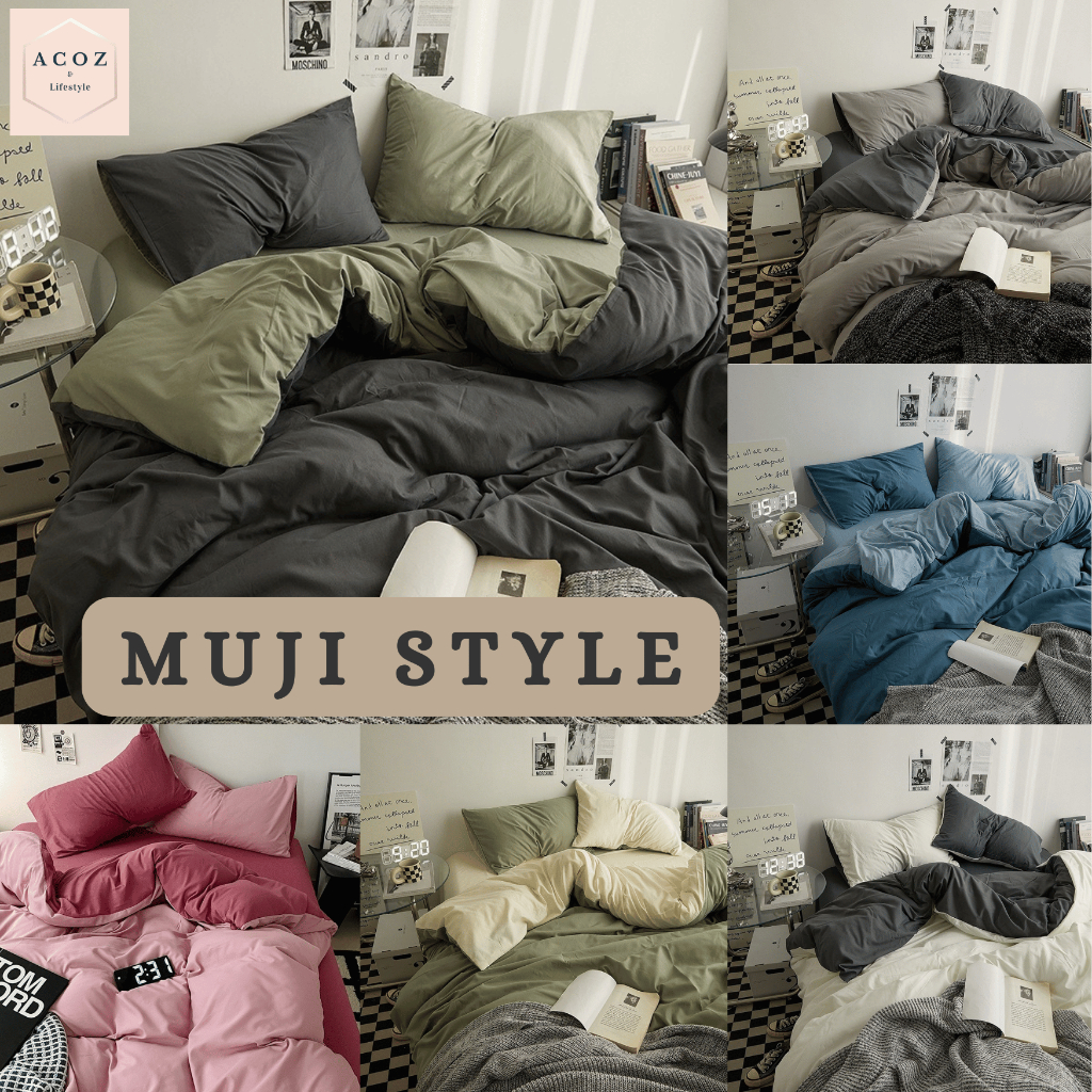 ACOZ💥Malaysia Ready Stock💥MUJI STYLE Fitted Bedsheet Set 4in1/ Queen Bedding set/ Cadar queen