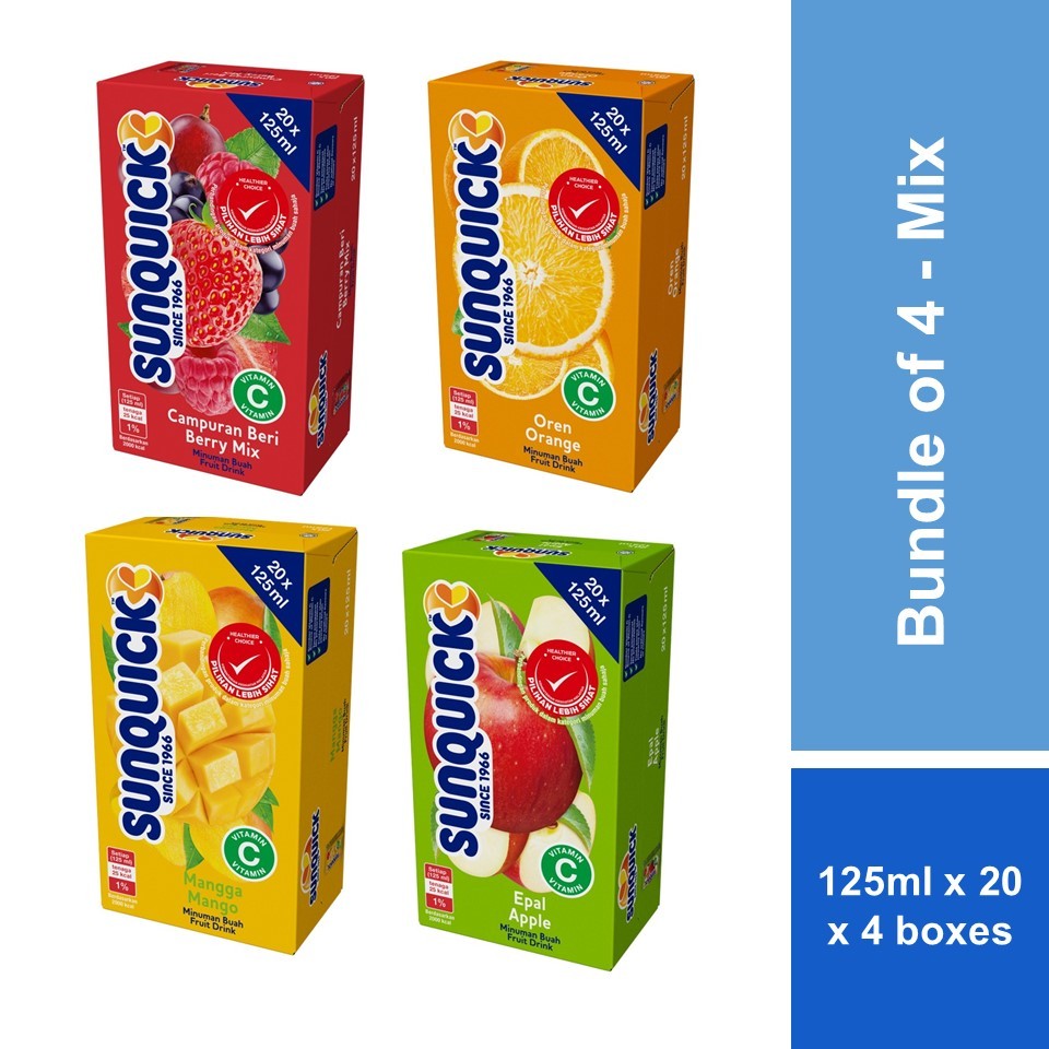 [Bundle of 4 - Mix] Sunquick Fruit Drink 125ml x 20s (Mix Berries, Orange, Mango, Apple)