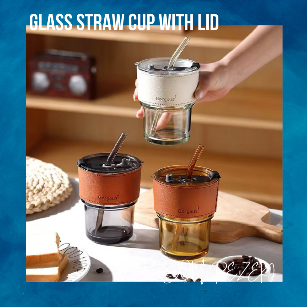 JOM Glass Straw Cup with Lid Heat Cold Resistant Iced Water Bottle Viral Coffee Glass Mug Transparent Travel Mug Leather