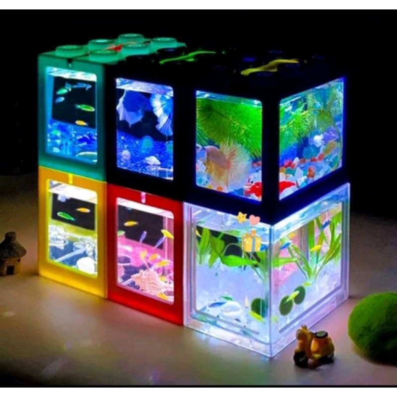Betta fish Mini Aquarium Fighting Cylinder Rumble LED Building block fish tank Spider Marimo Fish Breeding Box
