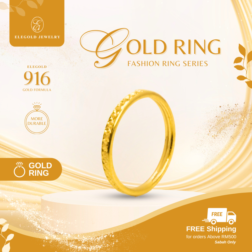 1g Minimalist Shiny Gold Ring Band 916 Gold | Bajet Hallow Emas 916 Cincin Kilat | Elegold