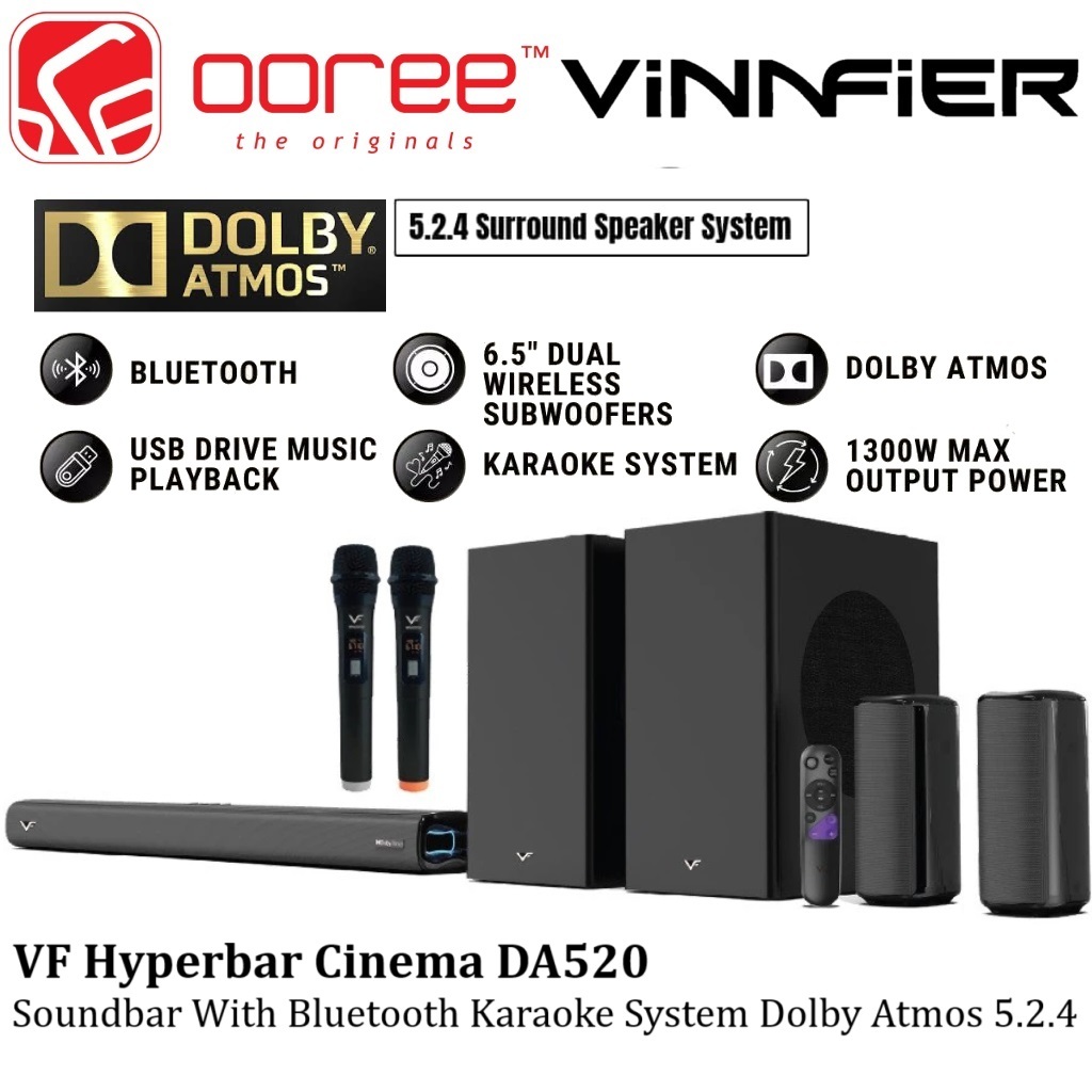 VINNFIER VF HYPERBAR CINEMA DA520 1300W DOLBY ATMOS 5.2.4 SOUNDBAR WITH BLUETOOTH KARAOKE SYSTEM SPE