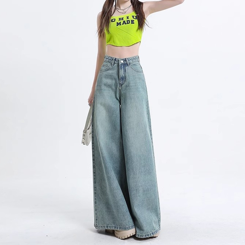 Blue wide-leg jeans women's high waist loose denim straight floor-length pants
