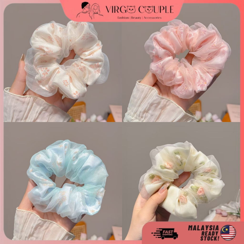 Double Layer Mesh Hair Scrunchies Hairband Flower HairTie Korean Cute Style HairRope 玫瑰双层网纱大肠发圈