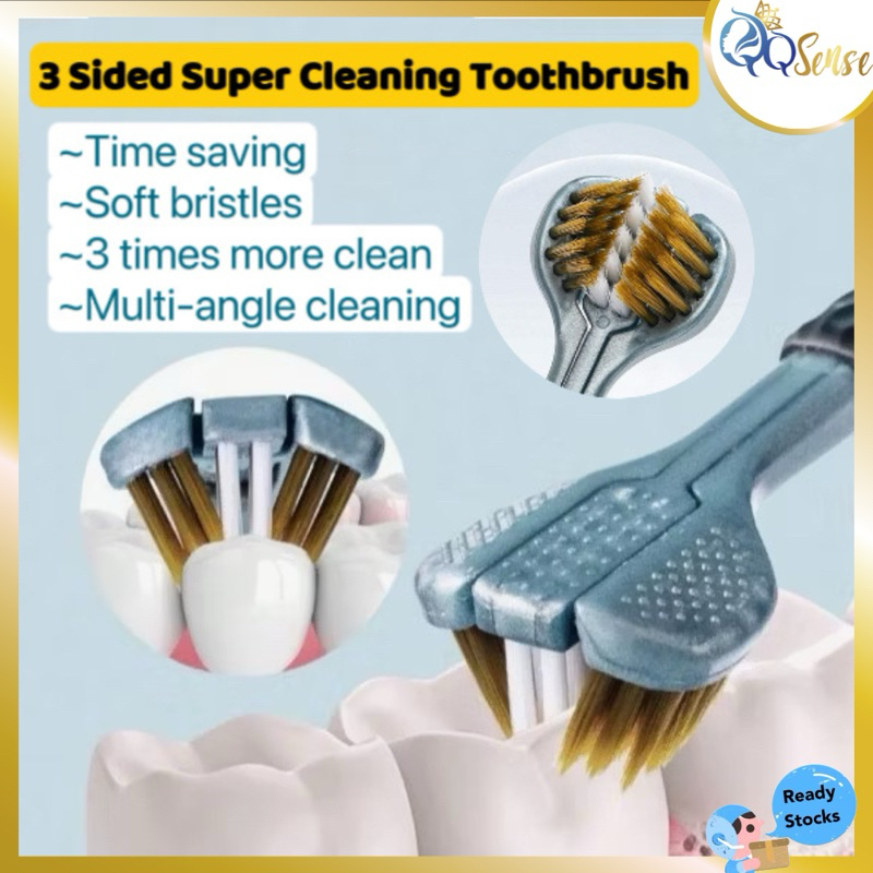 Three sided soft bristled toothbrush 三面软毛牙刷 牙刷收纳夹 舌苔清洁器Three head toothbrush Berus Gigi oral care hygiene tongue coating