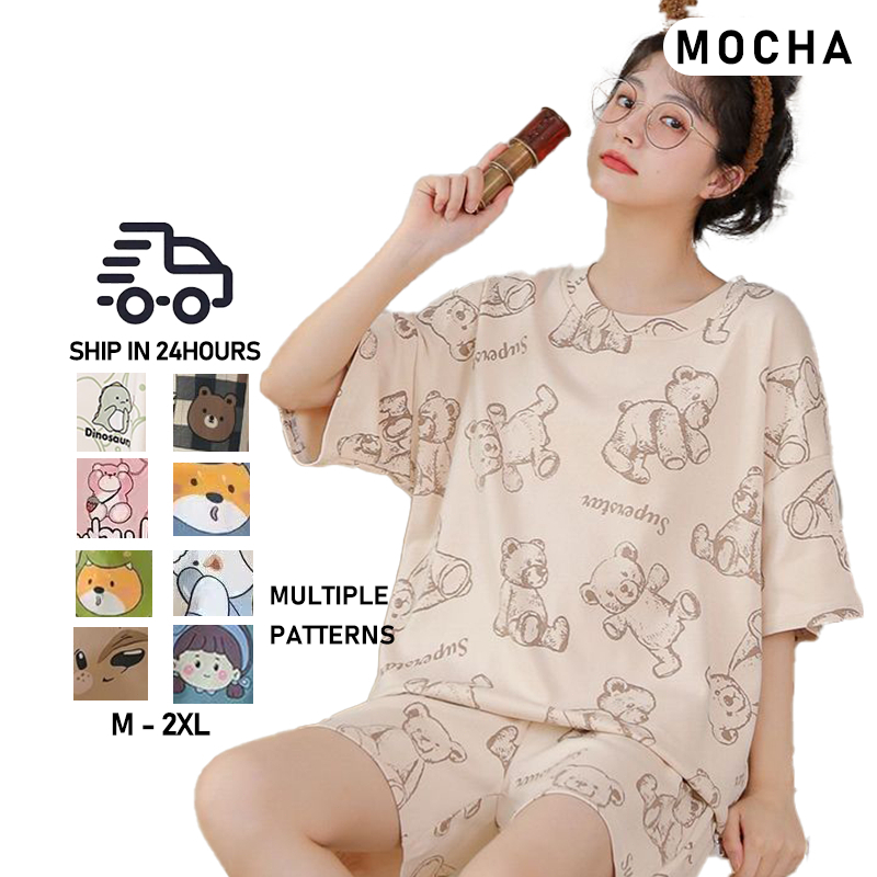 MOCHA Women Pajamas Milk Silk Pajamas Set Short Sleeve Cute Sleepwear Nightwear Baju Tidur ST326