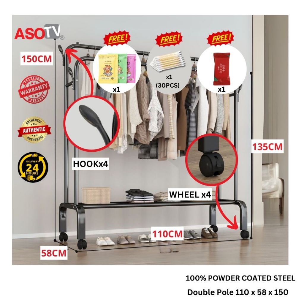 ASOTV® Double Pole Clothes Rack Rak Baju Besi Steel Cloth Stand Penggantung Baju 0015 Drying Rack Ampaian Baju 衣架