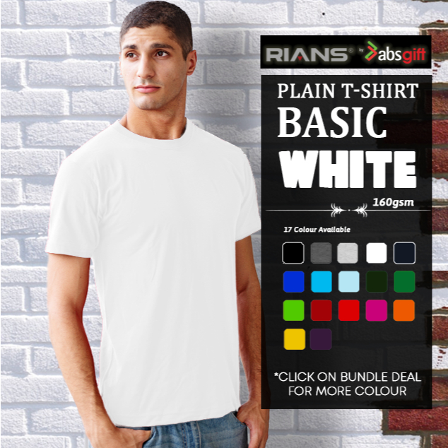 RIANS BASIC - WHITE Plain Cotton Round Neck T-Shirt (Short Sleeve) 160gsm Men / Woman