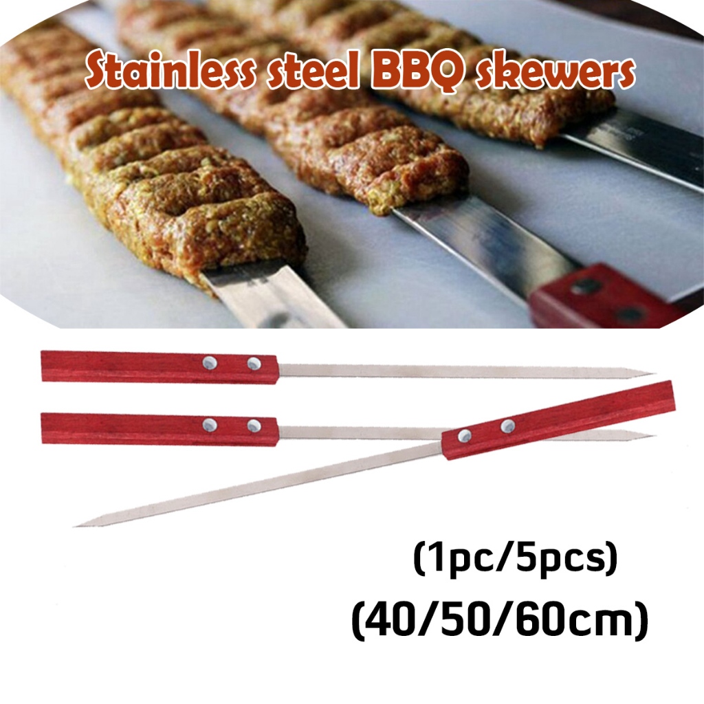 5PCS BBQ Metal Sticks Anti-slip Wooden Handle Stainless Steel Barbecue Stick Outdoor BBQ Flat Needle Reusable Kebab Stic