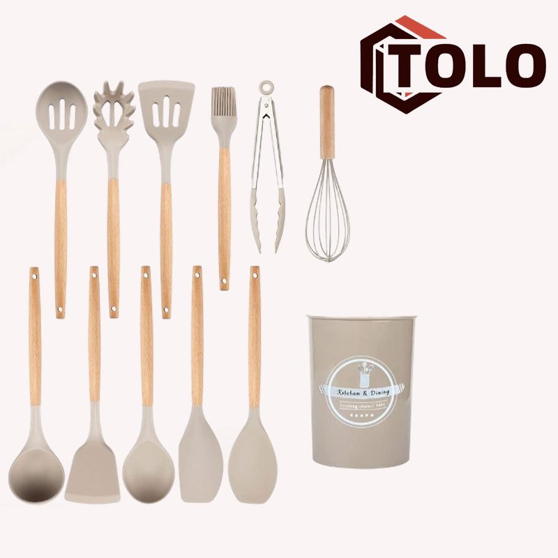 12Pcs Wooden Handle Silicone Set For Household Kitchen Tools Non-Stick Cookin Kitchen Accessories Sets