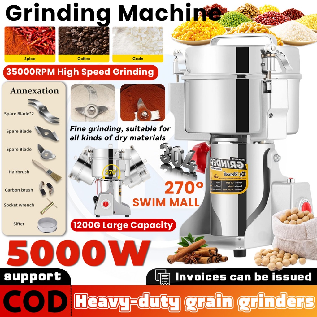 Grinder Heavy Duty Blender Pengisar Kering 5000W Mesin Pengisar Kisar Rempah 1200g Grain Grinder Machine Stainless Steel