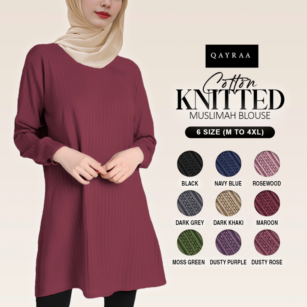 QAYRAA Cotton Knitted Muslimah Blouse Ironless/PREMIUM Muslimah Plain/Baju Sukan Size: M-4XL /Dark Purple/BLACK