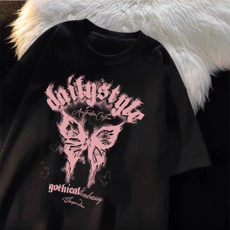 Korea style Baju Lelaki | Oversize T-shirt 100% kapas | Reka bentuk rama-rama gothic top kasual yang bergaya