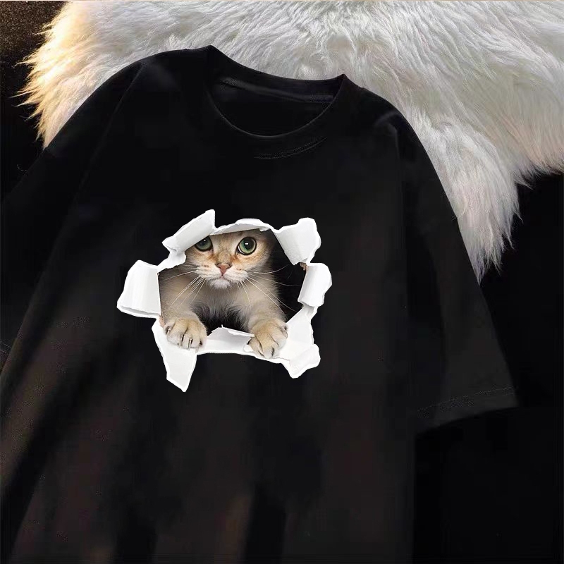 Korea style Baju wanita | Oversize T-shirt 100% kapas | Corak anak kucing top kasual yang bergaya