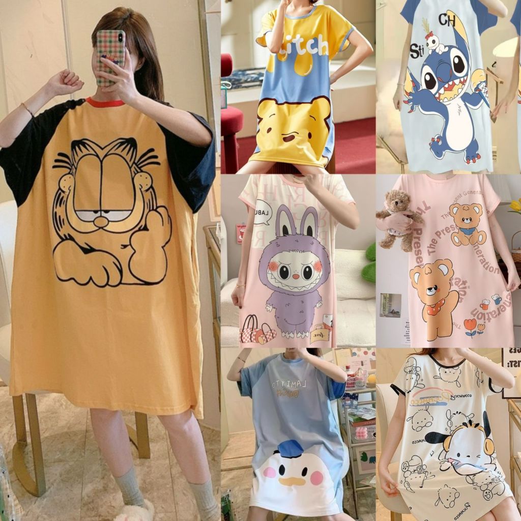 Cartoon Pyjamas Baju Tidur Rumah Comfortable Short Sleeves Round Neck Dress Cartoon Sleepwear Plus Size
