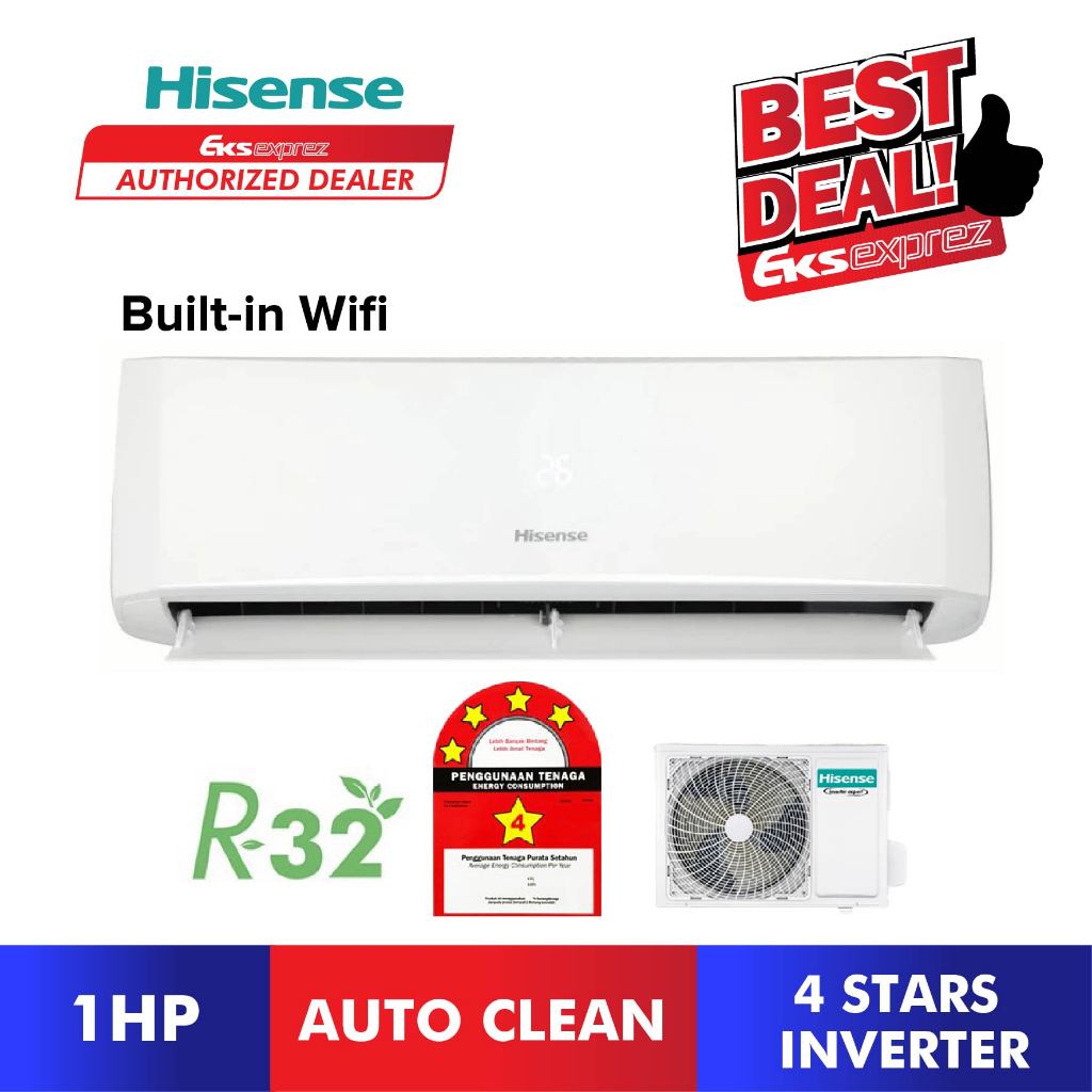 Hisense AI- Series R32 Inverter 4 Star⭐ Auto Clean Standard Aircond Built In Wifi (1HP/1.5HP/2HP/2.5HP)
