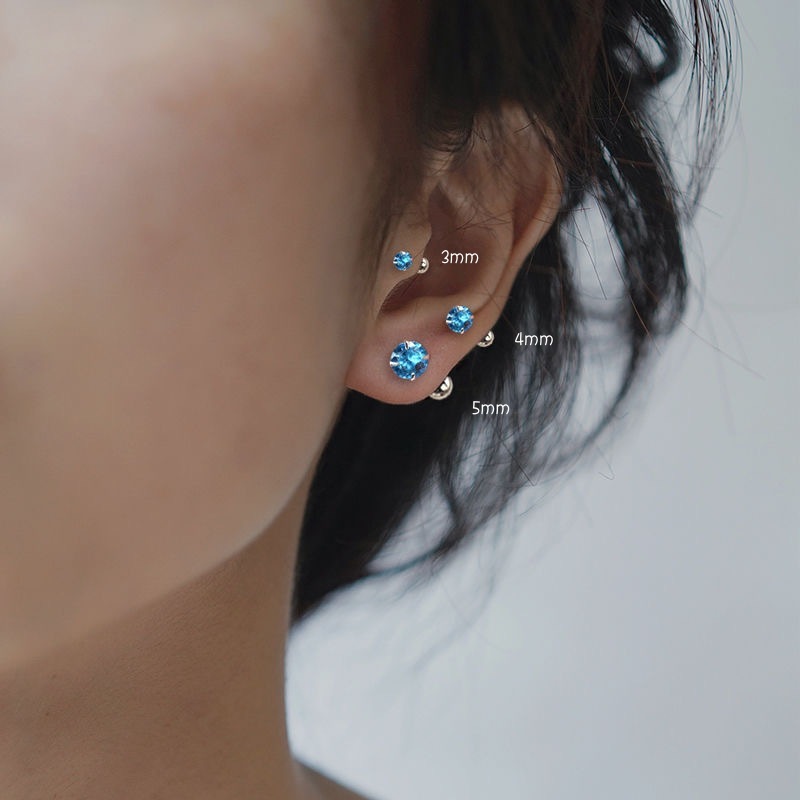 [FF88] 1 Pair Sparkling Blue Crystal four-claws Thread Earrings Anting-anting Perempuan 爆闪蓝色锆石耳钉