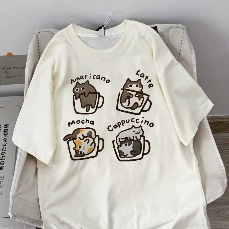 Korean style women clothing | Oversized Crew Neck T-shirt 100% cotton | CAT print  stylish casual tops y2k