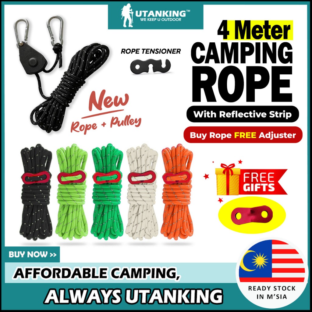 UtanKing™ 4 Meter Reflective Camping Rope Tent Ropes Flysheet Tensioner Paracord Guyline Tali Khemah