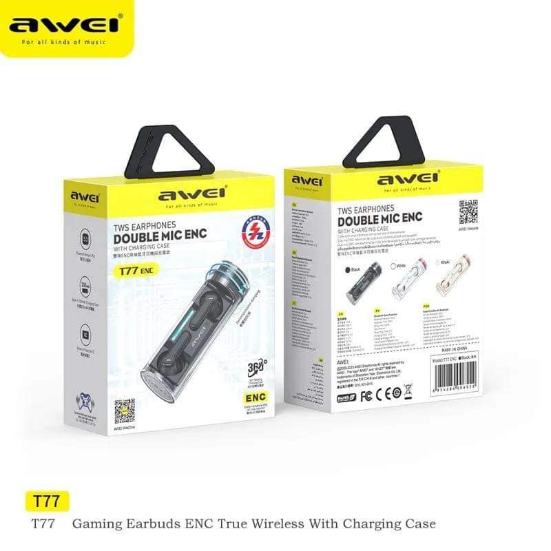 Awei T77 ENC TWS Wireless Earphone Double Mic ENC Bluetooth 5.3 with Rotating Charging Case Noise Cancelling Earbuds