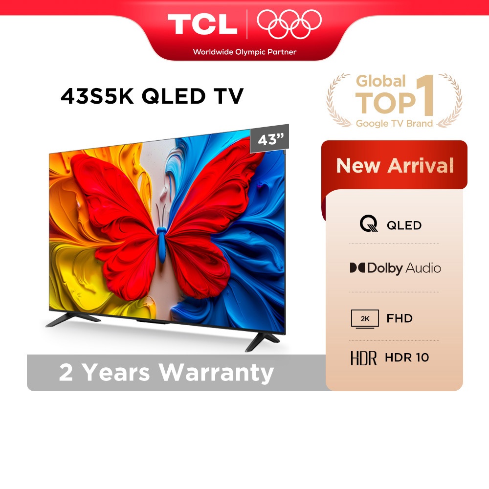 TCL 43 Inch QLED Google TV 2K FHD With HDR 10, Dolby Audio, HDMI, Google Cast Televisyen 43S5K