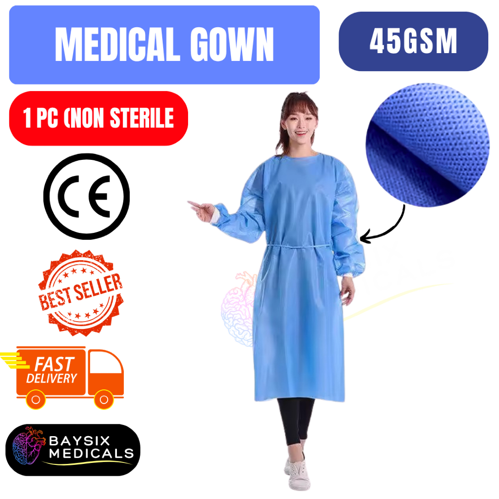 [Ready Stock] 43gsm Disposable SMS Hospital Non Woven Medical Surgical Scrub Suit Lab Coat Disposable Patient Gown