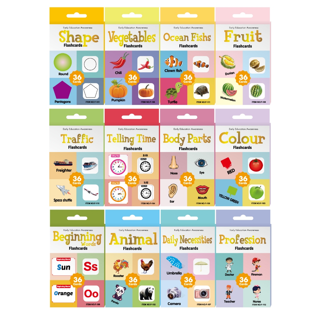 36 Cards Early Learning Flash Cards Educational Awareness Cards Baby Kids Animals Ocean Fishes Vegetables Food Drinks