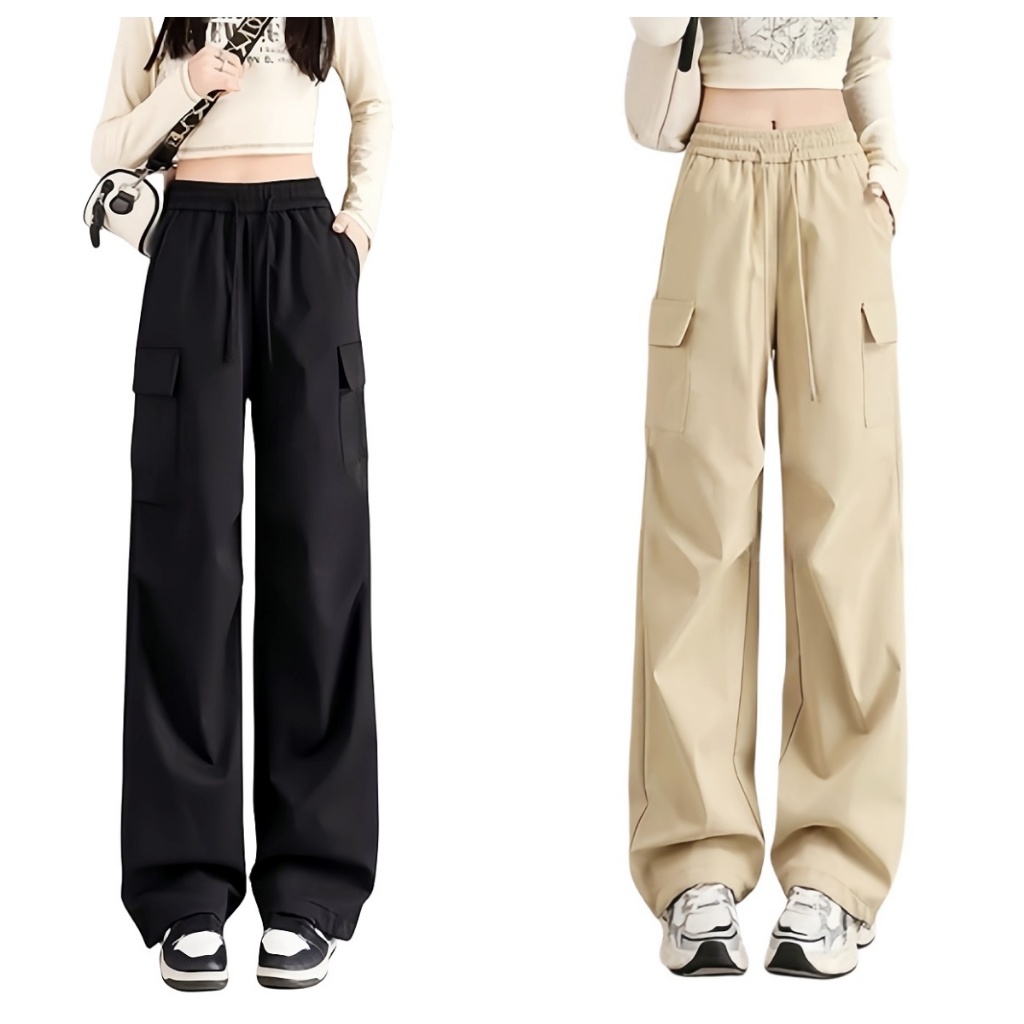 Korean cargo pants women straight long pants casual palazo drawstring Elastic Waist24-36)4pockets?fast delivery BABAOTU