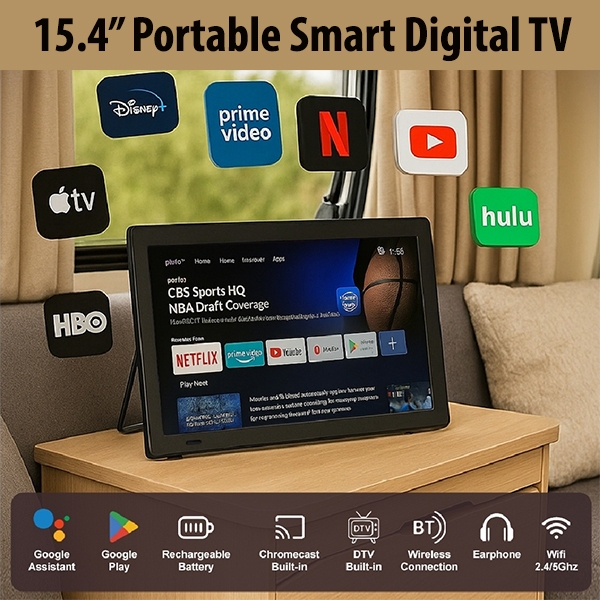 15.4" Portable Smart Digital LED TV - Google TV / DVB-T2 / MYTV Ready - Rechargeable Battery, Wifi