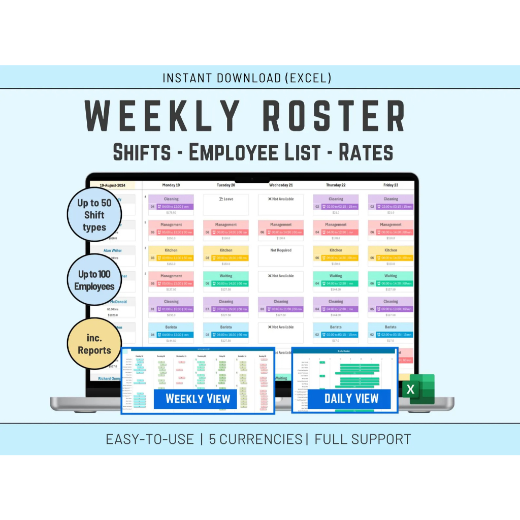 Operation Daily Weekly Excel Roster Management Template Shifts Employee List and Cost/Rates Calculation for Scheduling