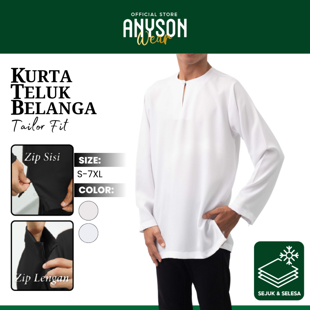 ANYSON WEAR Kurta Teluk Belanga Tailor Fit Lelaki Dewasa (White/Putih)Raya Senang Gosok