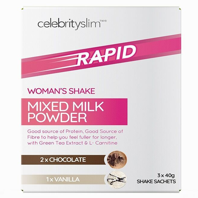 Celebrity Slim Rapid Woman's Shake Mixed Milk Powder Pack 3x40g Shake Sachets ( 2 x Chocolate,1 x Vanilla )