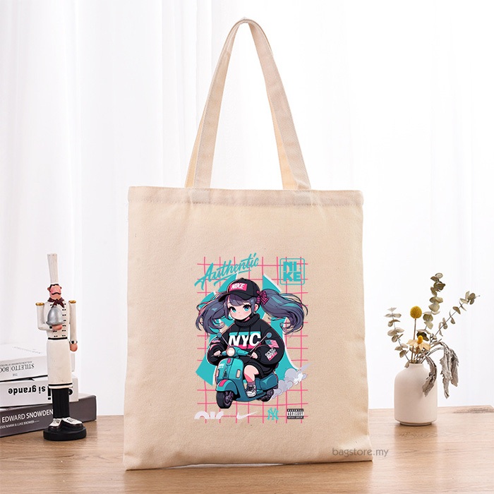 (GL 1) Canvas Tote Bag Street Style Anime Girl – Vibrant Urban Aesthetic with Cool Scooter Design