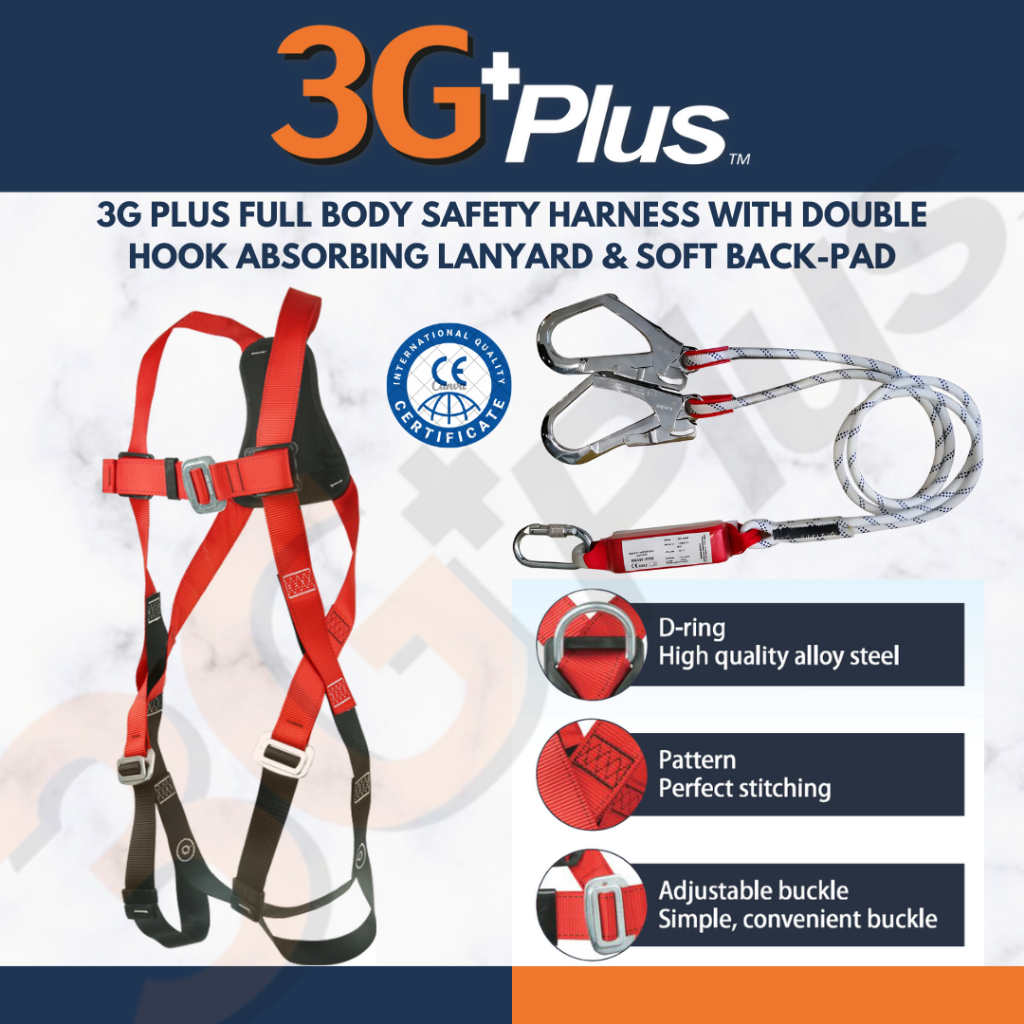 3G Plus Full Body Safety Harness With Double Hook Absorbing Lanyard and Soft Back Pad (CE APPROVED)