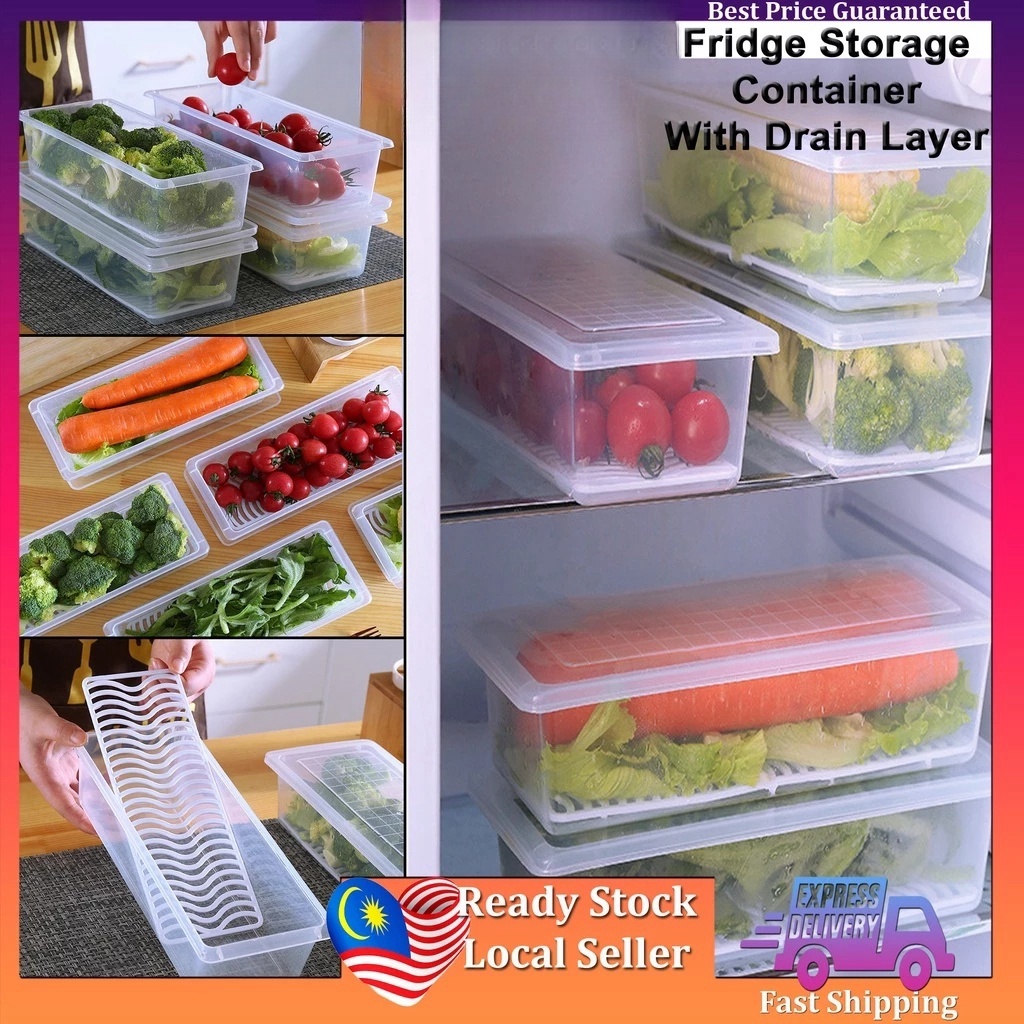 Freezer Food Storage Box Kitchen Rectangle Refrigerator Fridge Organizer Drain Container Bekas Peti Sejuk 沥水保鲜冰箱冷冻收纳盒